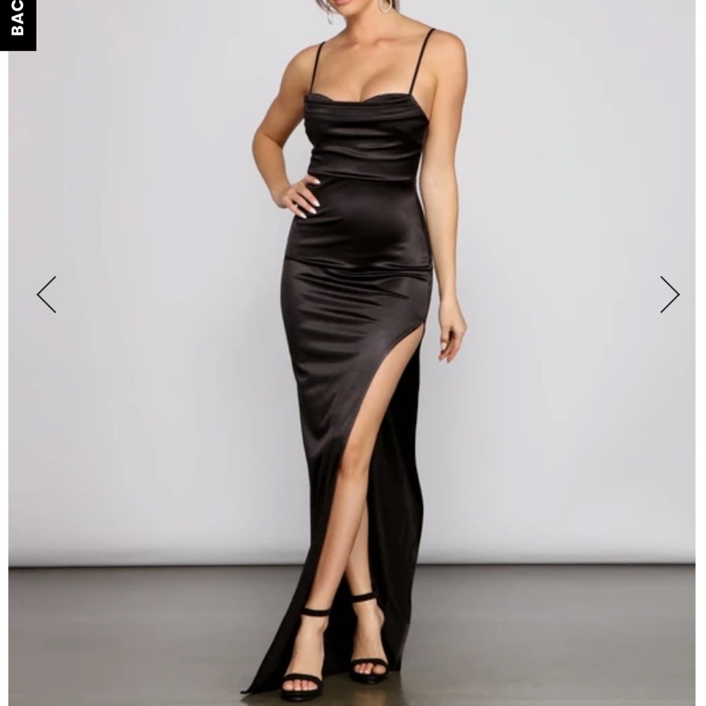 Windsor high slit satin dress in black